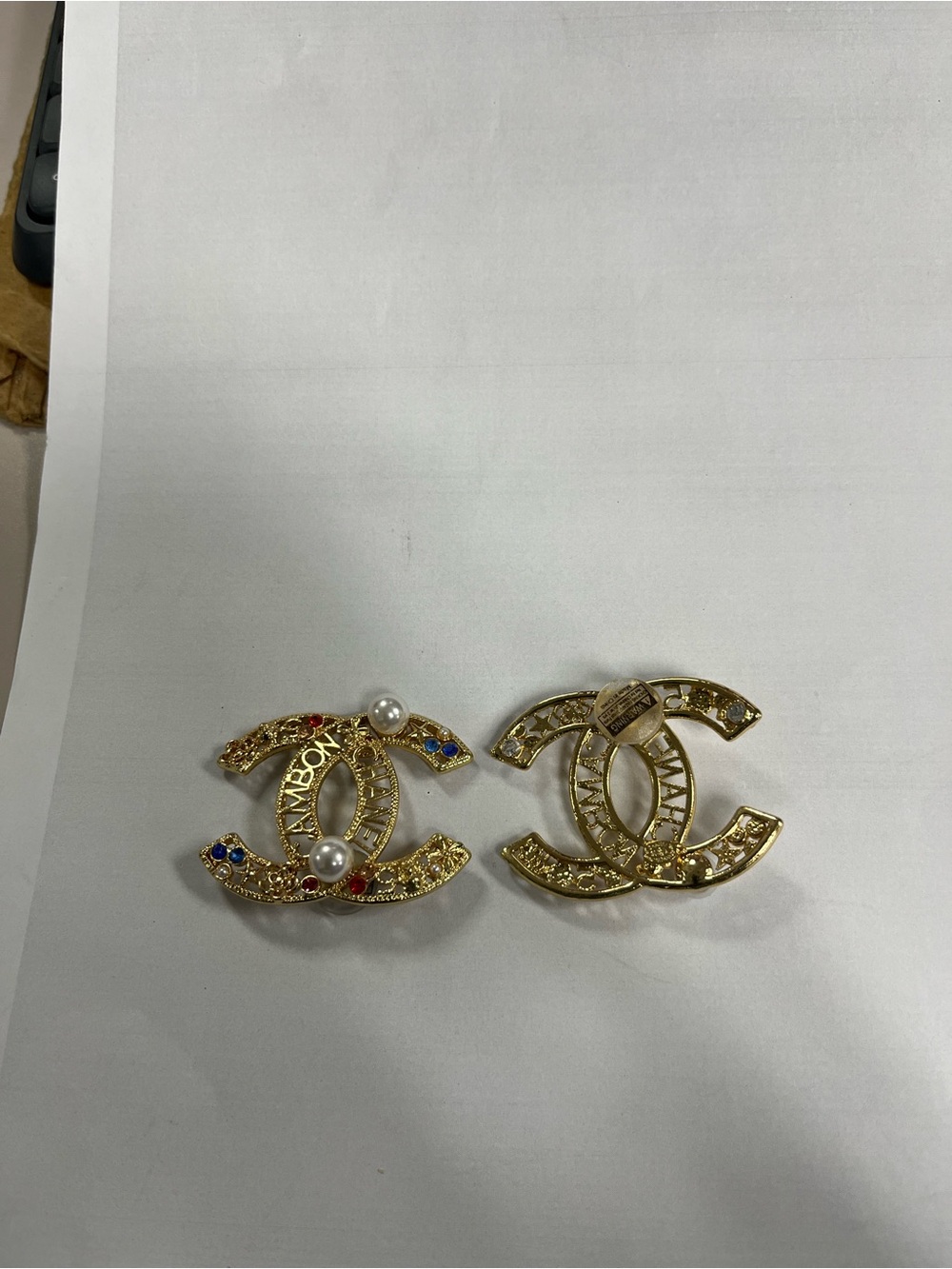 Croc Charm with Gold Double C Logo with Pearl and Colored Stones